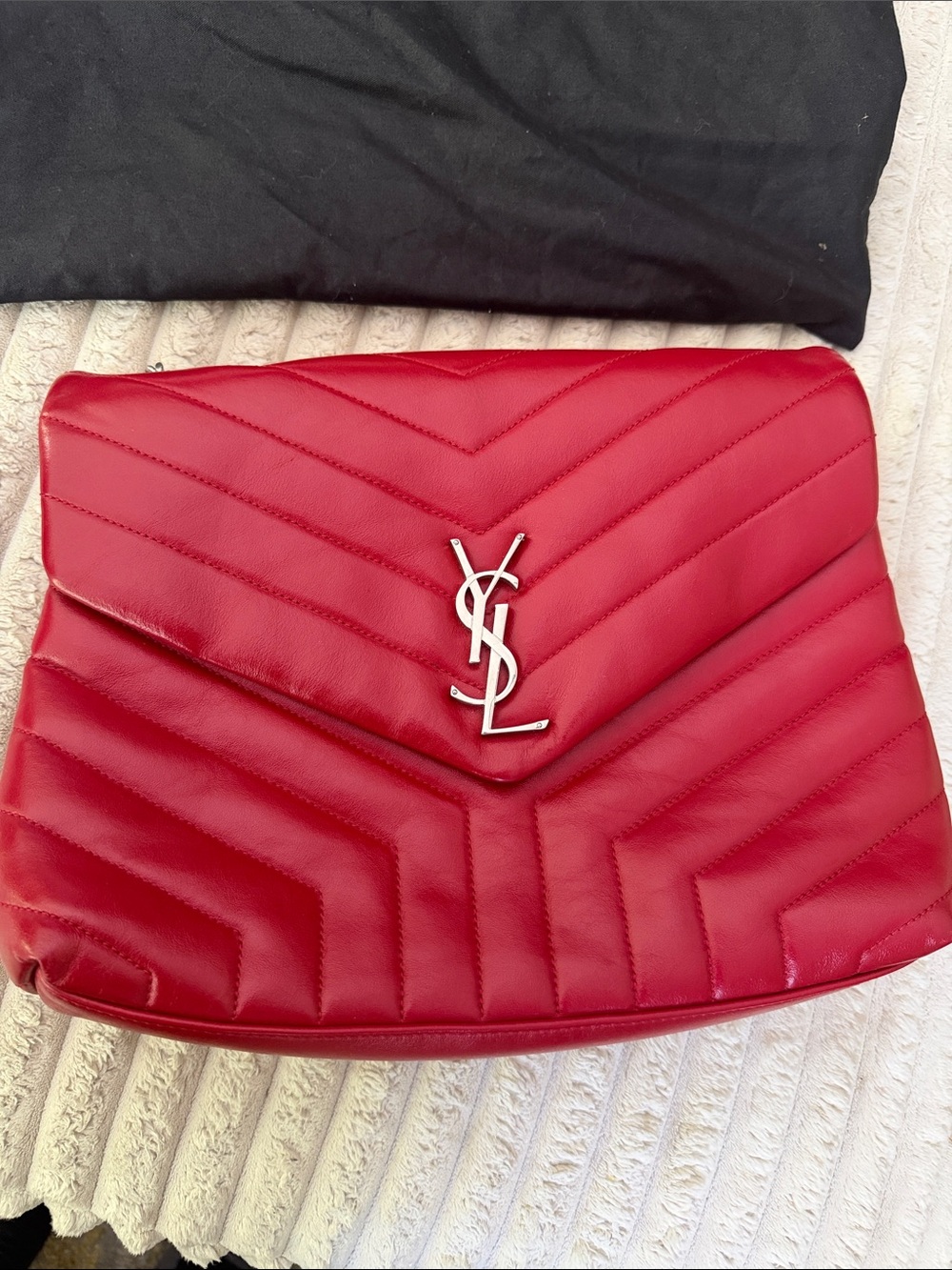 Saint Laurent Red Quilted Chevron Leather Shoulder Bag with Silver YSL Logo